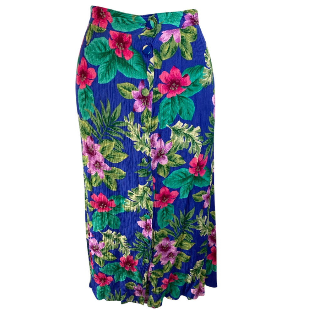 Vintage 90s Sag Harbor Petite Large Blue Tropical Floral Midi Skirt Button Front